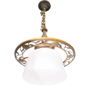 Antique Arts and Crafts Schoolhouse Bronze Fixture With Milk Glass Shade