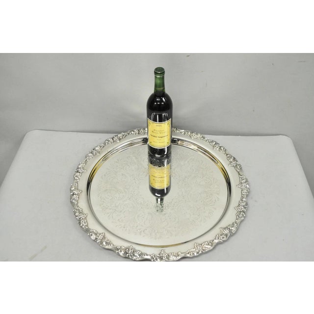 Vintage Victorian Style Large Silver Plated Grapevine Repousse 20" Round Serving Platter Tray. Circa Mid 20th Century....