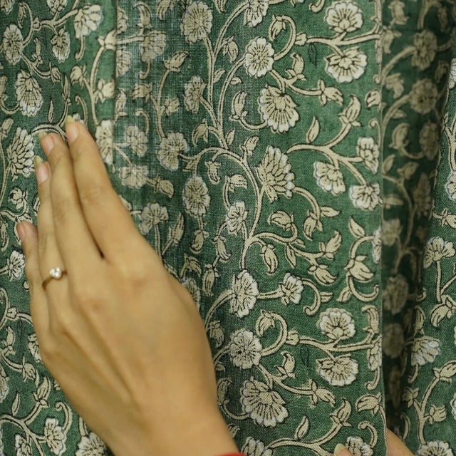 Himachal Hand Block Print 3 Plated Shemi-Sheer Pure Linen Pinch Pleat Curtain Size-27"Wx45"L For Sale - Image 4 of 5