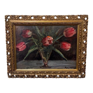 20th Century Oil on Board "Red Tulips in Vase" For Sale