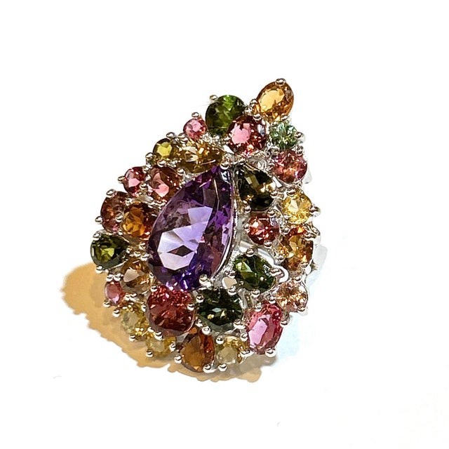 Baroque Bochic "Orient" Vintage Amethyst & Multi Tourmaline Ring 18K Gold & Silver For Sale - Image 3 of 18