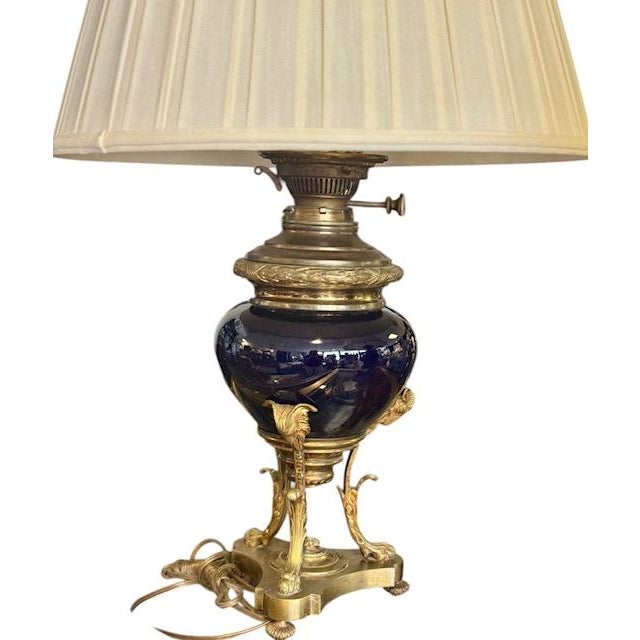 Antique Mid 19th Century Ink Blue Oil Lamps, Electrified - A Pair For Sale - Image 4 of 15