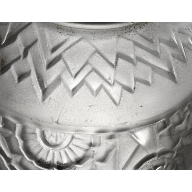 Pair of Muller Freres French Art Deco Flush Mounts - 1930s Frosted Glass & Nickeled Bronze For Sale - Image 6 of 7