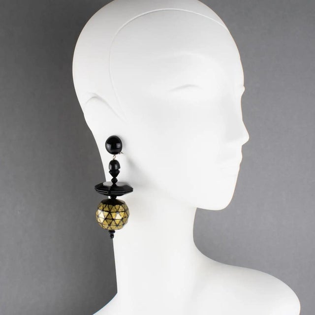 Black Angela Caputi Black and Gold Resin Dangle Clip-on Earrings For Sale - Image 8 of 8
