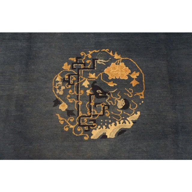 Textile Classic Blues and Creams Open Field Dragon Medallion Antique Chinese Peking Rug For Sale - Image 7 of 11