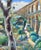 Oil painting on canvas of an ancient Roman aqueduct in Spain, surrounded by vibrant local flora. The artwork has a...