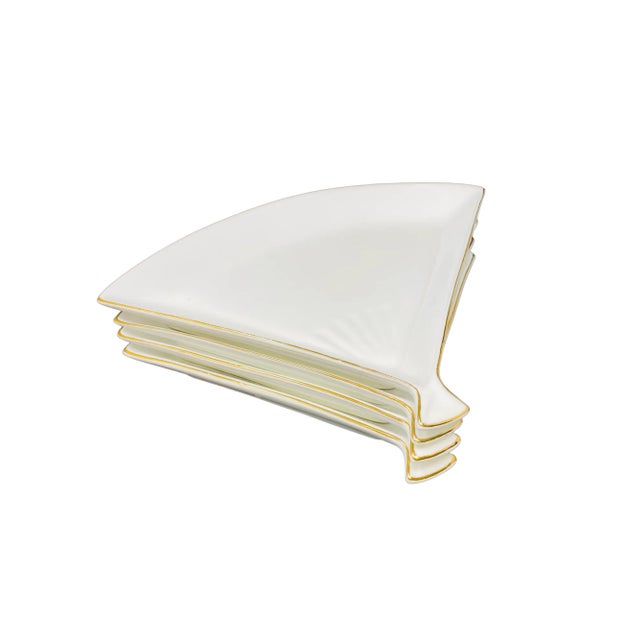 1990s Vintage Uchiwa Fan Shaped Porcelain Plates With Gold Edge a Set of 4 For Sale - Image 5 of 12