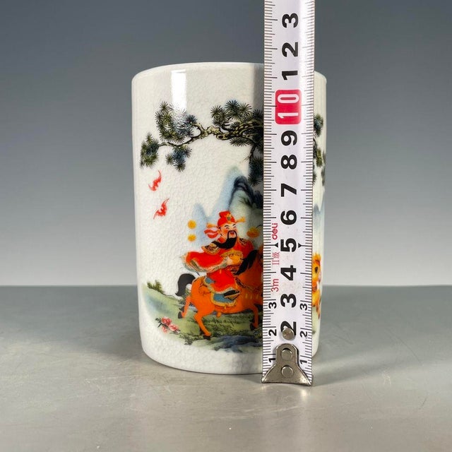 Chinese Crackle Glaze Porcelain Brush Pot With Figure on Horseback For Sale - Image 3 of 9