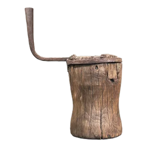 Antique Primitive Hand Carved Wood Vessel With Cast Iron Handle