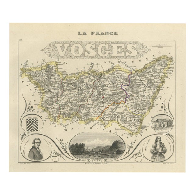 Antique Map of the Vosges with Epinal and Saint-Dié, 1860 For Sale