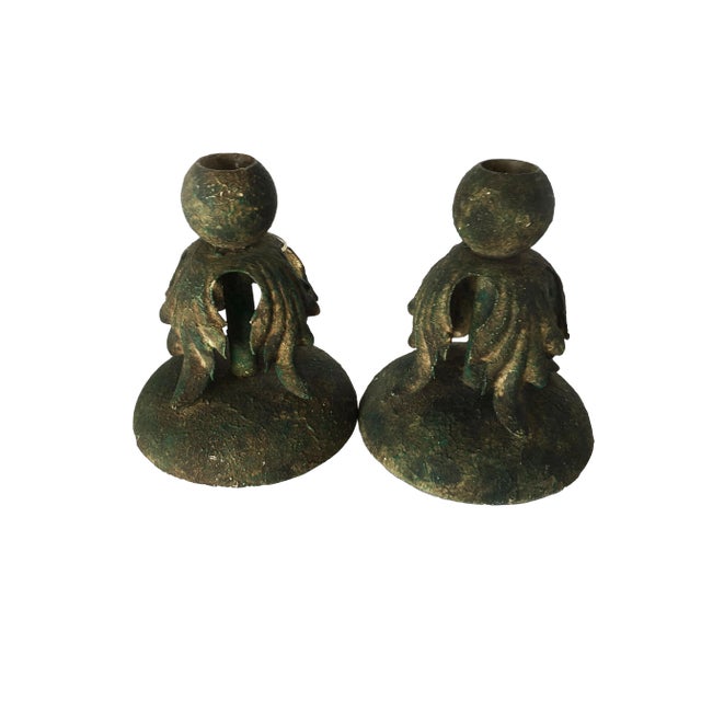 Cast Iron Candlestick Holder With Baroque Leaf Accents, Pair For Sale