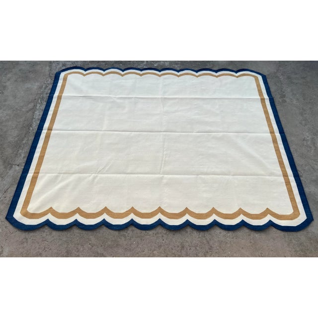 Not Yet Made - Made To Order Handmade Cotton Vegetable Dyed Scalloped Rug Cream, Mustard and Navy Blue Border - 8'x10' For Sale - Image 9 of 11