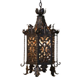 19th Century French Gothic Black and Gilt Iron Three-Light Hexagon Lantern For Sale