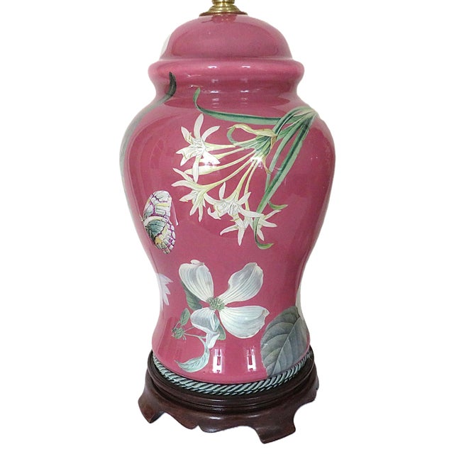 Late 20th Century Pair of Chinoiserie Ginger Jar Table Lamps With Birds Flowers Butterflies Dragonflies For Sale - Image 5 of 9