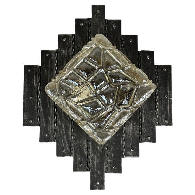 Brutalist Iron and Glass Wall Lamp, 1970s For Sale