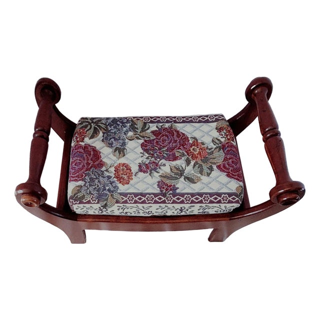 Vintage Colonial Early American Mahogany and Woven Floral Footstool For Sale