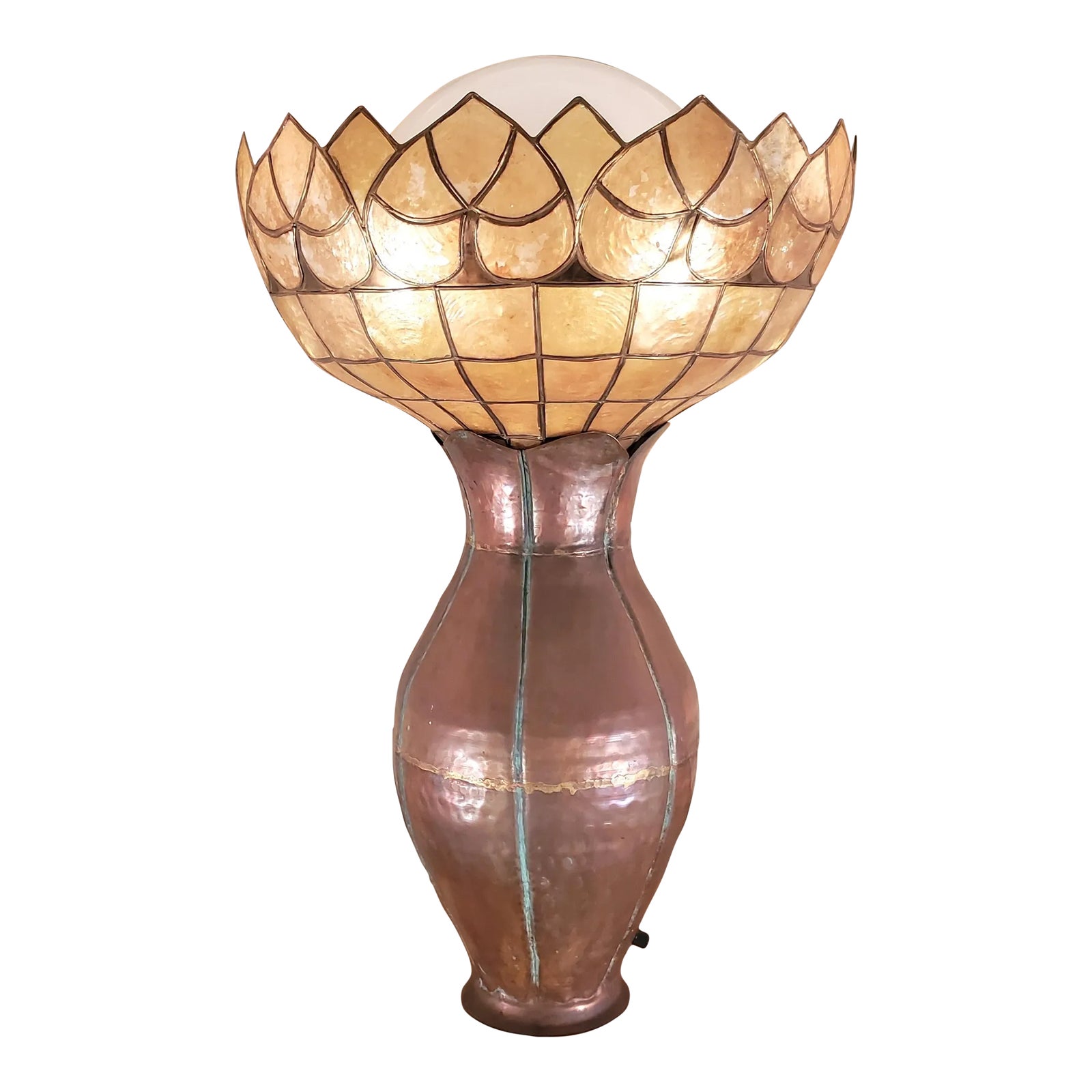1920s Large Handcrafted Tulip Copper Vase Lotus Leaf Capiz