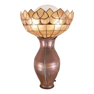 1920s Large Handcrafted Tulip Copper Vase Lotus Leaf Capiz Shell Globe Table Lamp