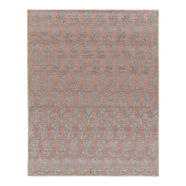 Rug & Kilim’s Block Print Rug Design with Blue and Green Floral Patterns - 12x15 For Sale