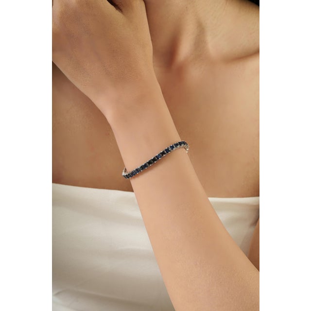 Blue Art Deco 13.73 Ct Certified Blue Sapphire Tennis Bracelet for Women, Christmas Gift For Sale - Image 8 of 13