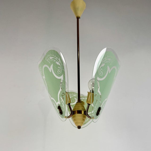 Metal Mid-Century Italian Brass and Green Glass Leaves Pendant Light, 1950s For Sale - Image 7 of 9