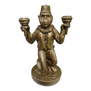 Vintage Monkey Candelabra Sculpture With Fez Hat, Aged Gold Finish For Sale