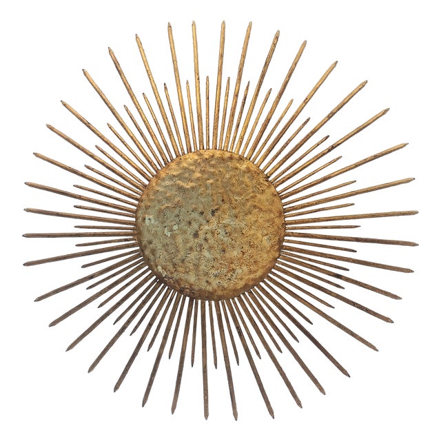 Spanish Gold-Leaf Gilt Metal Sunburst Ceiling Fixture, 1960s For Sale