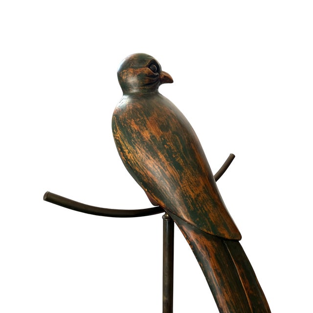 Wood 1980s Monumental Hand-Carved Wood Parrot Sculpture on Brass Stand — 58” Tall For Sale - Image 7 of 10