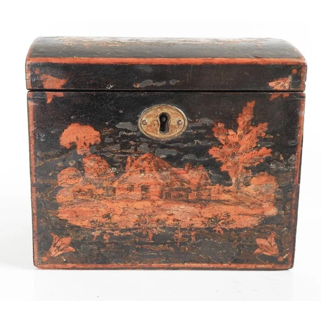 Wood Antique Pastoral Scene Tea Caddy Box For Sale - Image 7 of 13