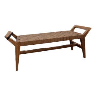 Attributed to Union Home Cove Brown Leather Bench in Recycled Teak For Sale