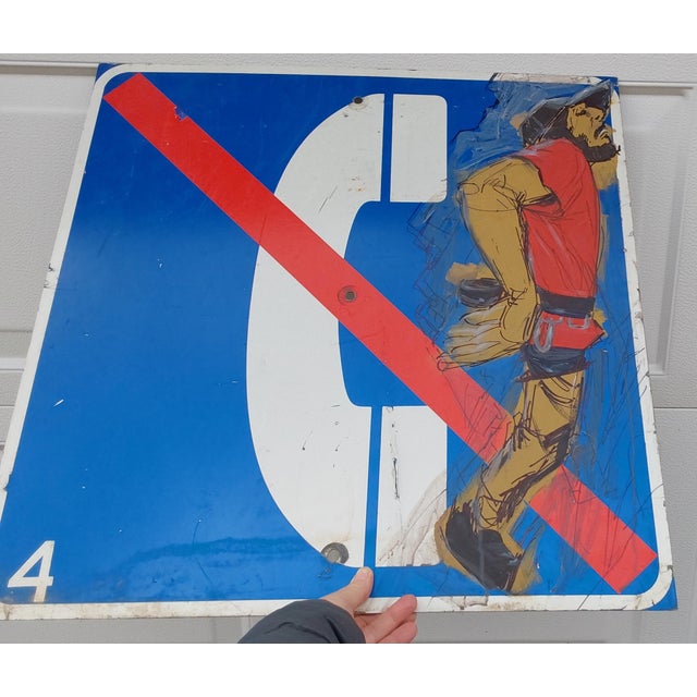 Vintage Urban Art, Industrial Original Painting of Lineman, Advertising, Telephone Sign For Sale - Image 6 of 7