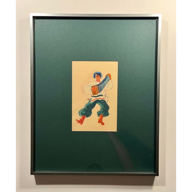 Original 1946 Folklore Dancers Paintings Watercolor & Gouache Signed at the back - Pair For Sale - Image 9 of 15