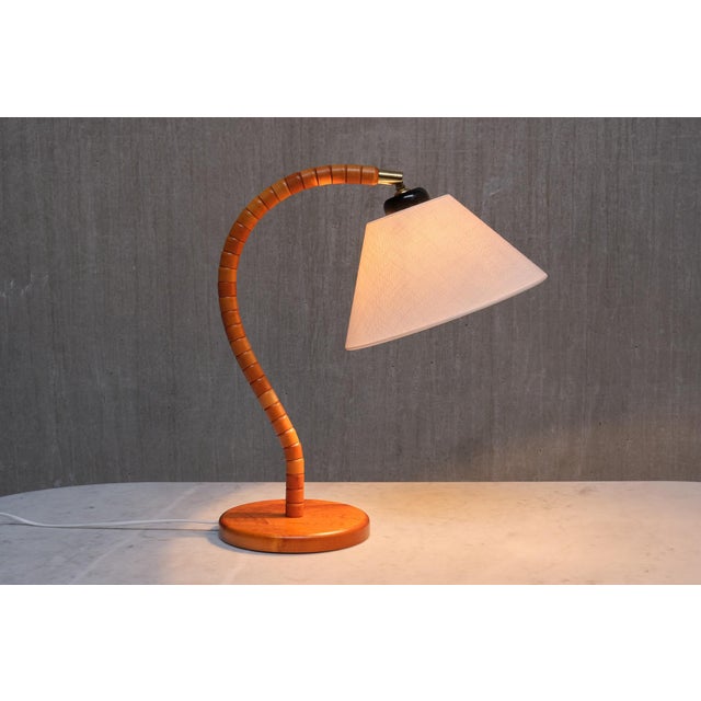 Wood Modern Swedish Markslöjd Table Lamp in Beech, Brass & Linen, Sweden, 1960s For Sale - Image 7 of 15