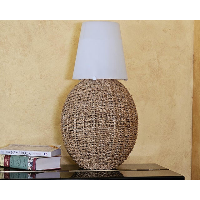 Vintage Ikea Woven Rattan Coastal Boho Table Lamp With White Frosted Glass Shade For Sale - Image 16 of 18