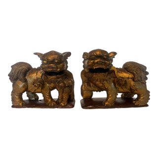 Pair Late 19th Century Chinese Carved Giltwood Male & Female Guardian Foo Dogs With Cub Attached to Female For Sale