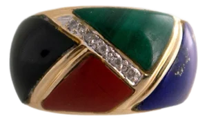 Mid 20th Century 14k Inlaid Lapis, Malachite, Carnelian and Onyx Tapered Ring With Diamonds, Size 10