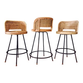 Mid-Century Rattan & Wrought Iron Counter Height Bar Stools - Set of 3 For Sale