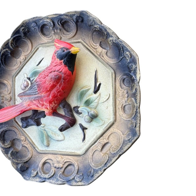 Mid-Century Modern Vintage Cardinal Bird Wall Plaque Lefton C7196 Hand Painted Hanging Decor For Sale - Image 3 of 9
