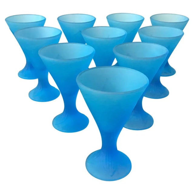 Glass Blue Frosted 1940s Cocktail Glasses - Set of 10 For Sale - Image 7 of 7