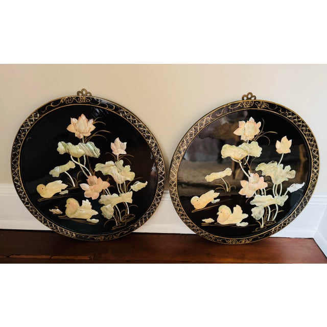 Black Chinoiserie Round Wall Art/Plaques With Mother of Pearl Inlay- A Pair For Sale - Image 11 of 12