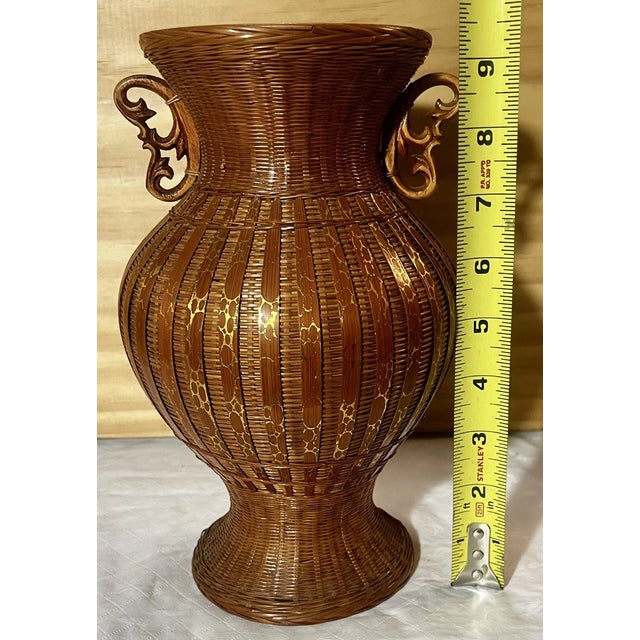 Wood Vintage MCM Japanese Wicker 9.5 Inch Tall Vase For Sale - Image 7 of 7