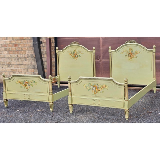 A fabulous Early 20th Century Pair Louis XVI Style Parcel Gilt and Hreen Painted and Decorated Twin Size Beds Measures...