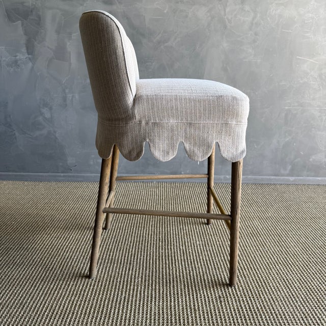 Beige Kate Slip Covered Counter Stool -Ticking 100% Linen With Raw Brass Foot Rail For Sale - Image 8 of 11