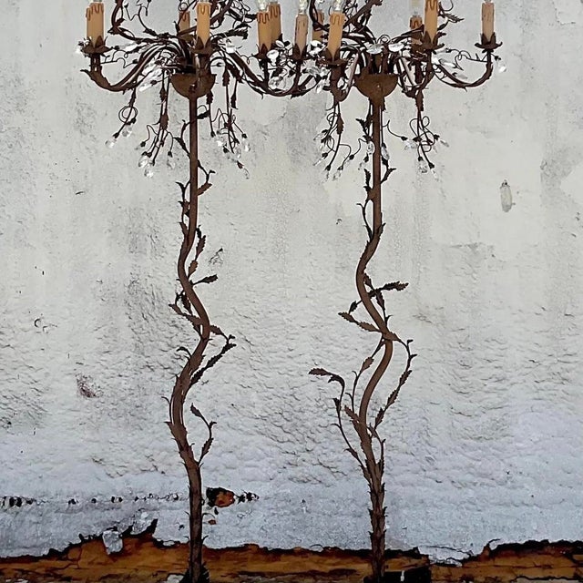 Vintage Boho Patinated Crystal Teardrop Floor Chandelier Lamps - a Pair For Sale - Image 11 of 12