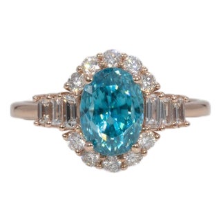 3.4Ct Cambodian Blue Zircon Ring With Natural Diamond Accents: Solid 14k Gold, Size 6.75 For Sale