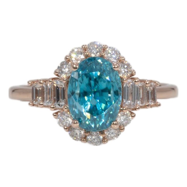 3.4Ct Cambodian Blue Zircon Ring With Natural Diamond Accents: Solid 14k Gold, Size 6.75 For Sale