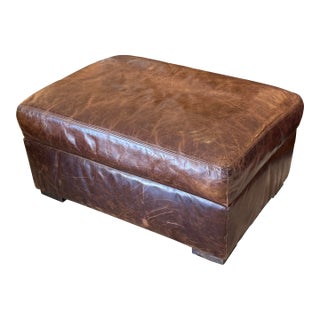 Restoration Hardware Maxwell Brompton Leather Ottoman, Cocoa For Sale