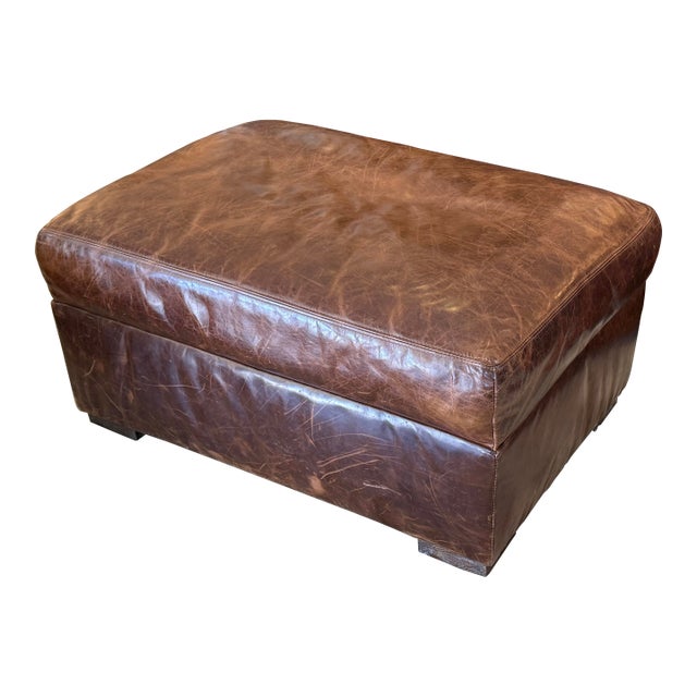 Restoration Hardware Maxwell Brompton Leather Ottoman, Cocoa For Sale