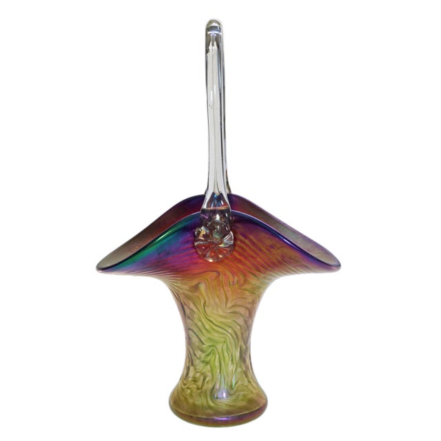 Iridescent Art Glass Bohemian Basket by Josef Rindskopf, circa 1905, from the Pepita series. This Jugendstil (Art Nouveau)...
