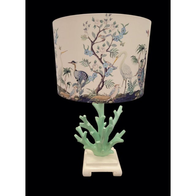2000 - 2009 Vintage Faux Mint Green Coral Coastal Table Lamps With Chinoiserie Bird Branch Shades- A Pair For Sale - Image 5 of 8